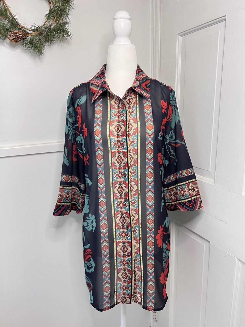 Soft Surroundings Aztec Botanical Floral Mixed Media Sheer Button Up Top